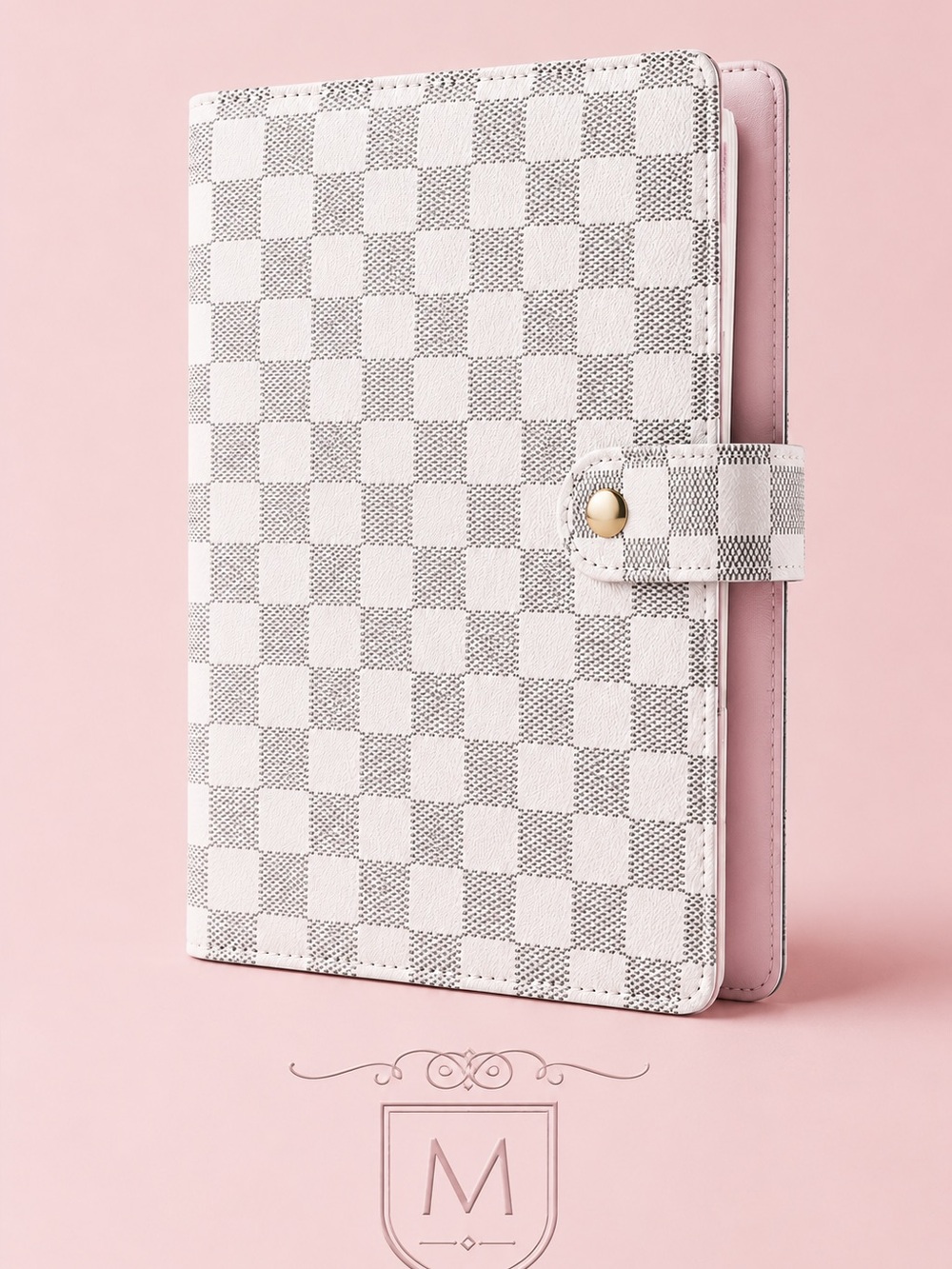 A5 Checkered Vegan Leather Planner-Pink Interior, Gold Hardware & bear keychain!